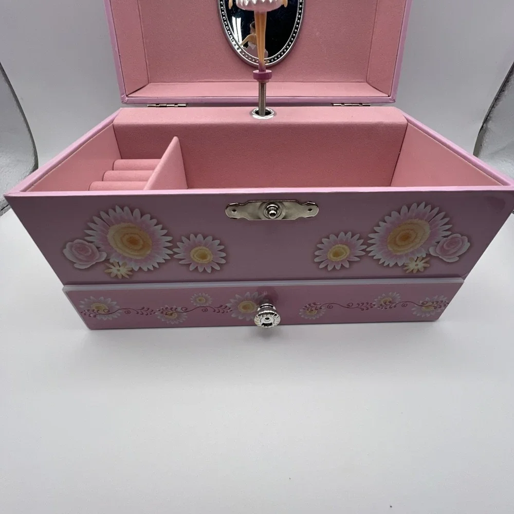 Ballerina Music Jewelry Box Pink Interior Floral Design with Drawer Collectible